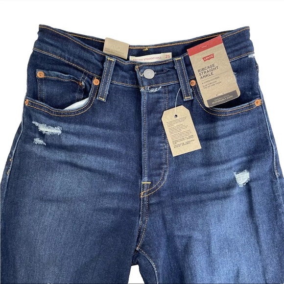 New Levi's Jeans Women’s Sz 25x27 Ribcage Straight Ankle Button Fly Distressed - Picture 3 of 10